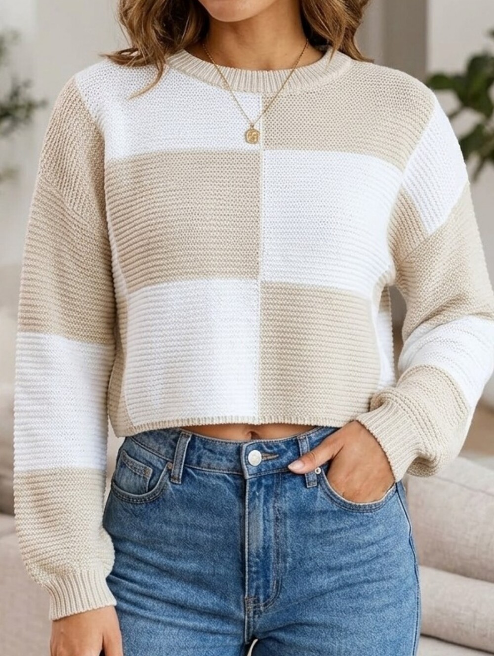 moon & madison Beige and White Colorblock Crewneck Sweater